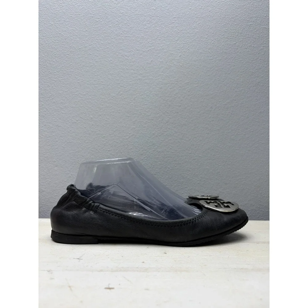 Tory Burch Reva Ballet Flats Womens Size US 9 Black Leather Silver Logo